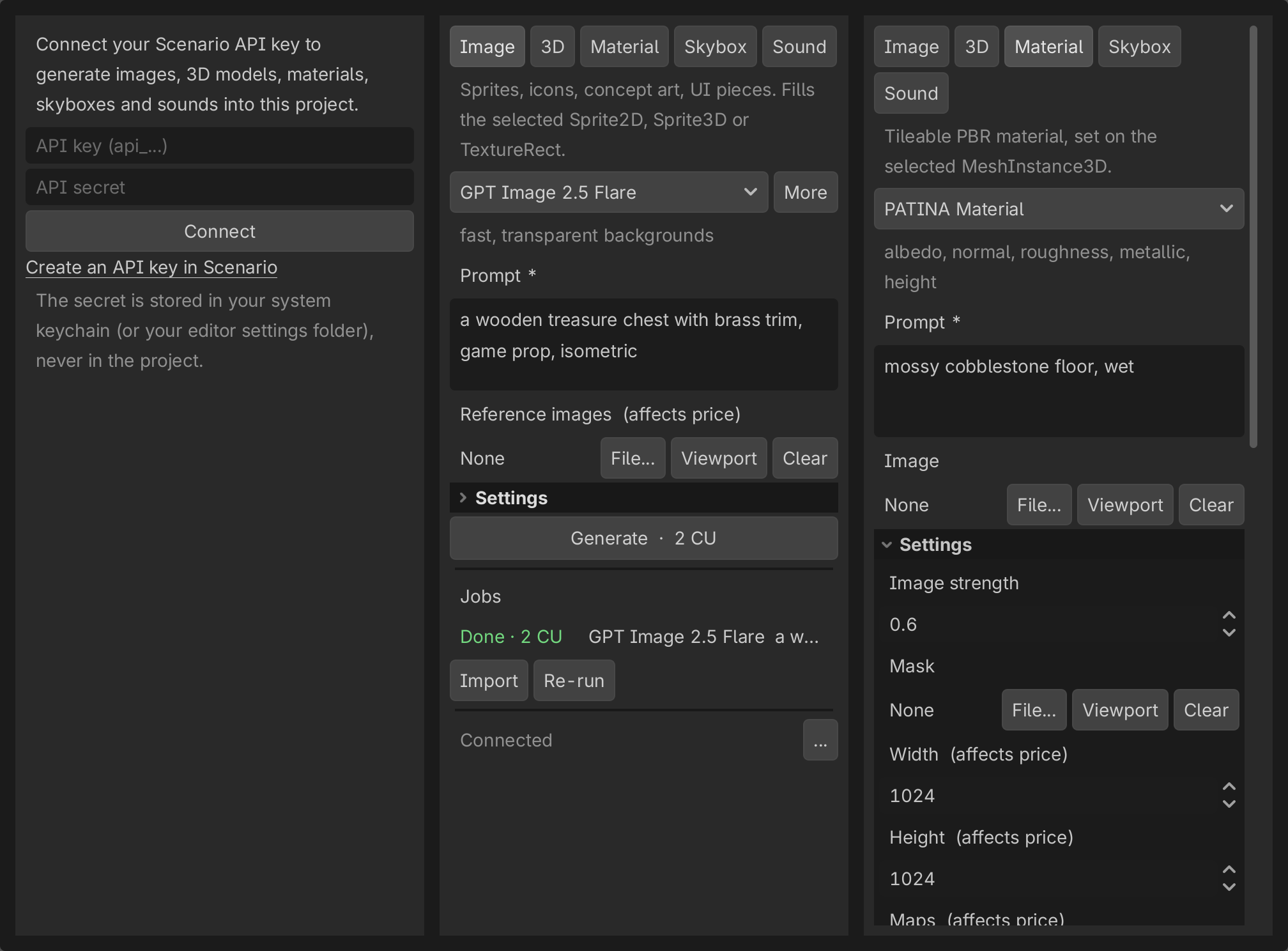 The Scenario dock in the Godot editor: the image lane after a finished job, and the material lane with its settings open